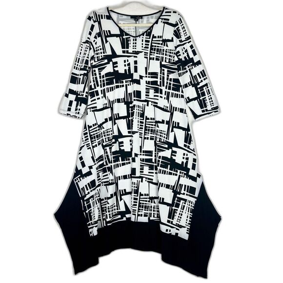 Sun Kim Midi Dress Size Medium Geometric Travel Artsy Lagenlook Hankerchief Hem - Picture 1 of 6